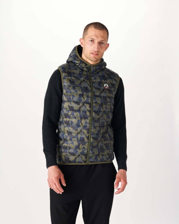 Print Militaire Hooded Sleeveless Down Jacket Pat Jott UK